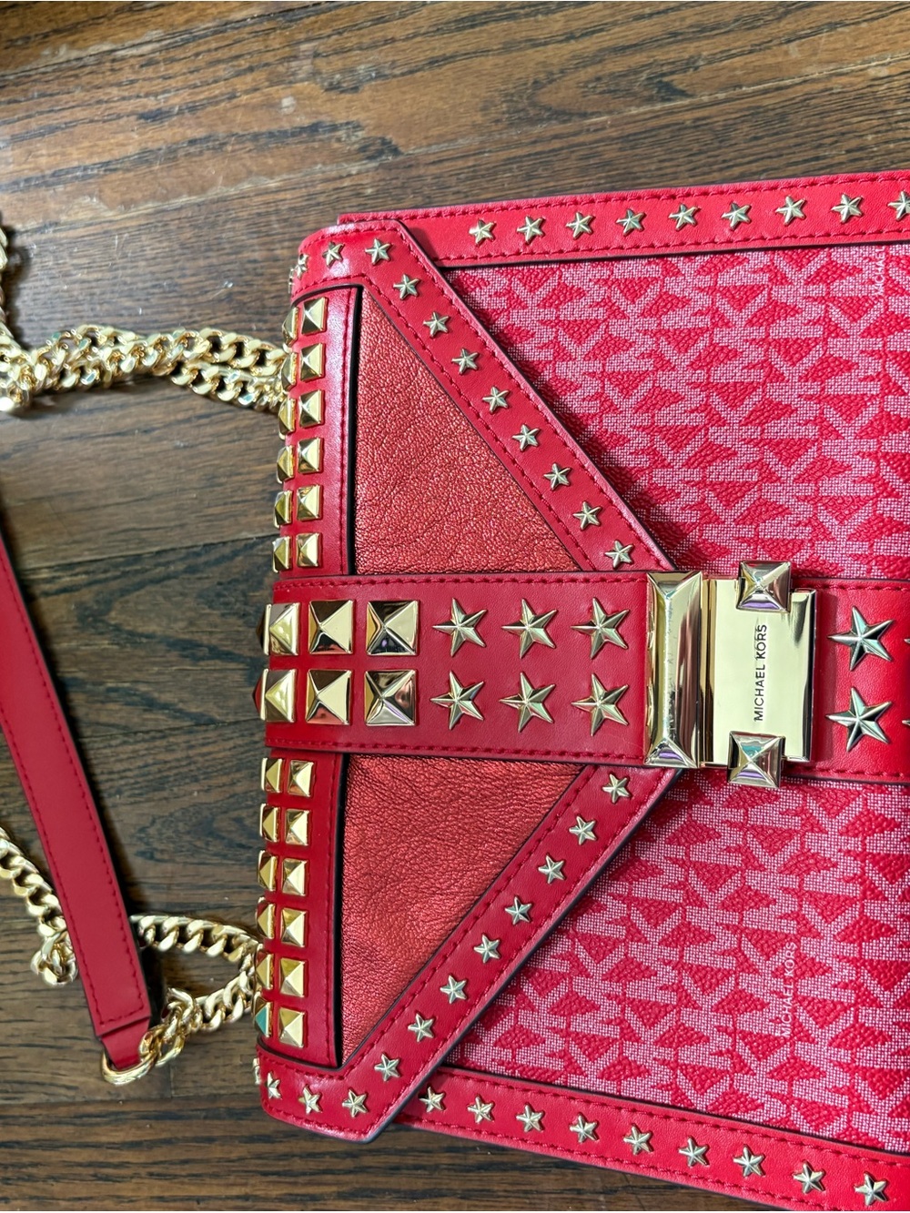 Authentic Michael Kors Whitney Red Star Studded Bag with Gold Hardware - Picture 5 of 7